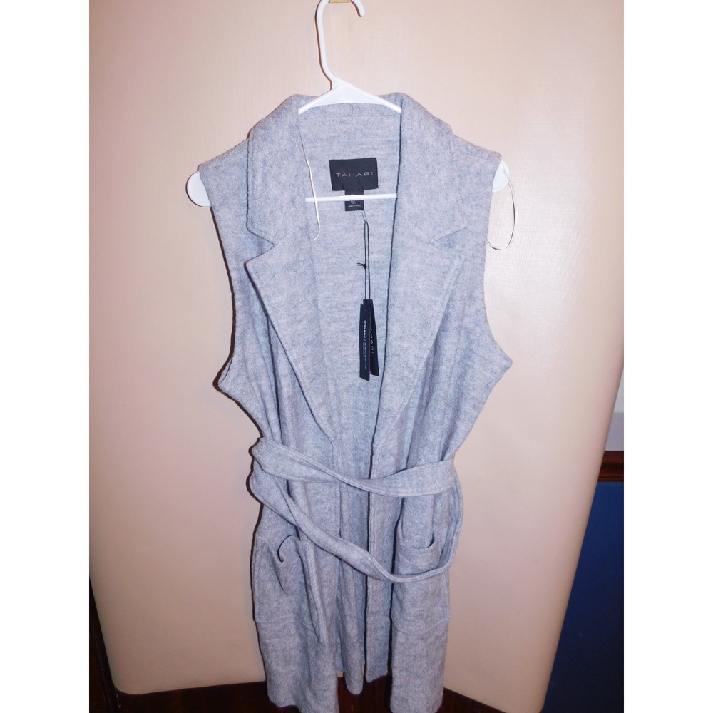 Womens Tahari Belted Waistcoat Wool Large Gray
